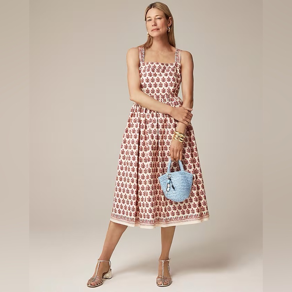 J. Crew apron dress in block print, size 10 warm sesame red